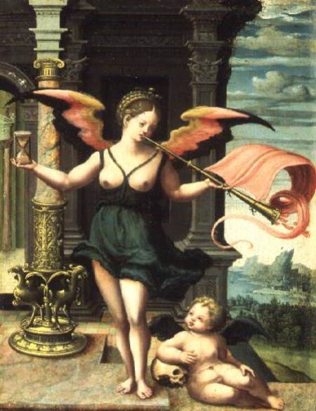 An Allegory of Fame (panel) a Master of the Female Half Lengths