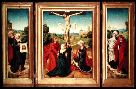 Triptych with the central panel depicting the Crucifixion with the Virgin, St. John, and Mary Magdal a Master of the Legend of St. Catherine