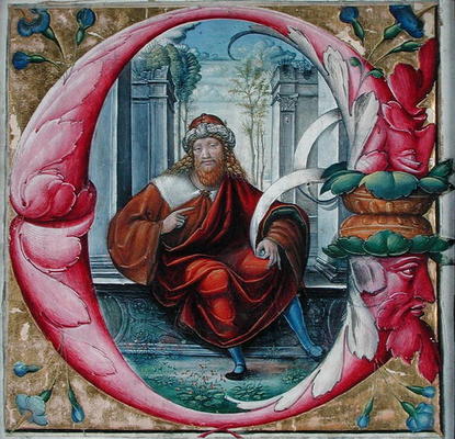 Historiated initial 'C' or 'O' depicting King David (vellum) a Master of the Monogram B.F