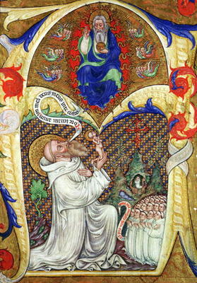 Historiated initial 'A' depicting St. Benedict offering his soul to God the Father, Lombardy School a Master of the Vitae Imperatorum