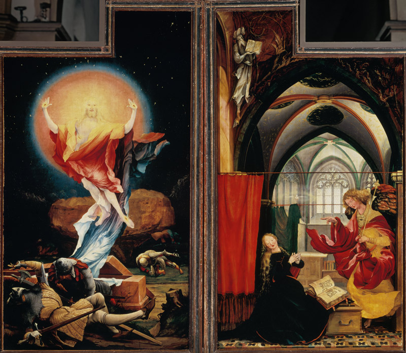 Isenheimer altar second show side, right and left panel: Resurrection of Christi, proclamation of Ma a Mathias (Mathis Gothart) Grünewald