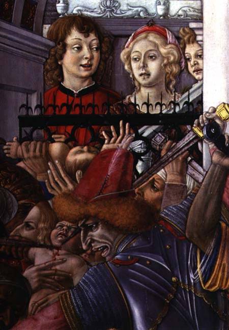 The Massacre of the Innocents, detail of two onlookers observing the carnage from the palace a Matteo  di Giovanni di Bartolo