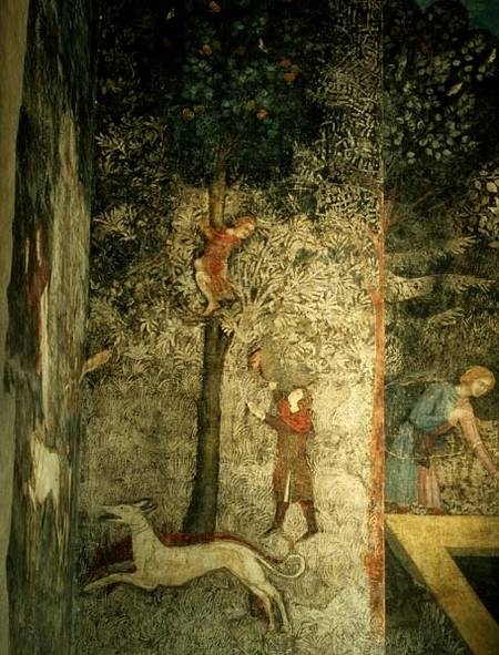 Hunting dogs and men climbing a tree detail of the decorative scheme from La Chambre du Cerf ( 1347 a Matteo Giovanetti