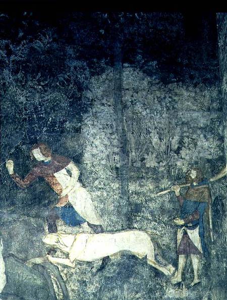 Men hunting with dogs detail of decorative scheme from La Chambre du Cerf ( 1347 a Matteo Giovanetti