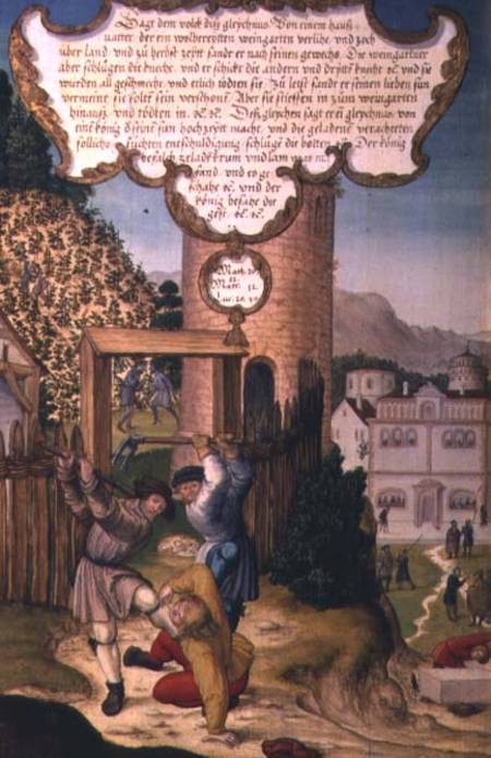 The vinedressers killing the heir of the vineyard owner, illustrating Christ's teaching 'The stone t a Matthias Gerung or Gerou