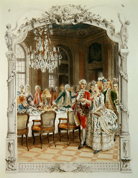 Elegant meal during the Eighteenth century, illustration from ''Une femme de qualite au siecle passe a Maurice Leloir