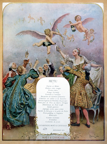 Ritz Restaurant menu, depicting a group of elegant 18th century men and women drinking champagne ser a Maurice Leloir