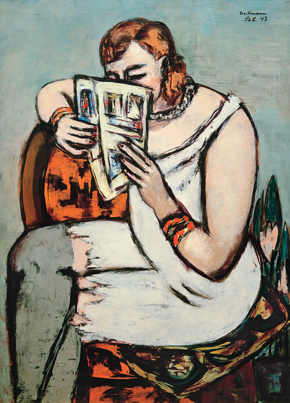 Frau in weißem Hemd (lesend) a Max Beckmann