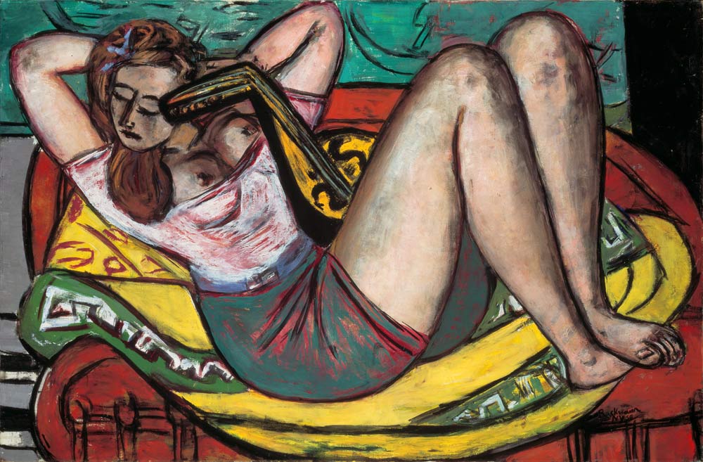 Woman with mandolin in yellow and red. 1950 a Max Beckmann