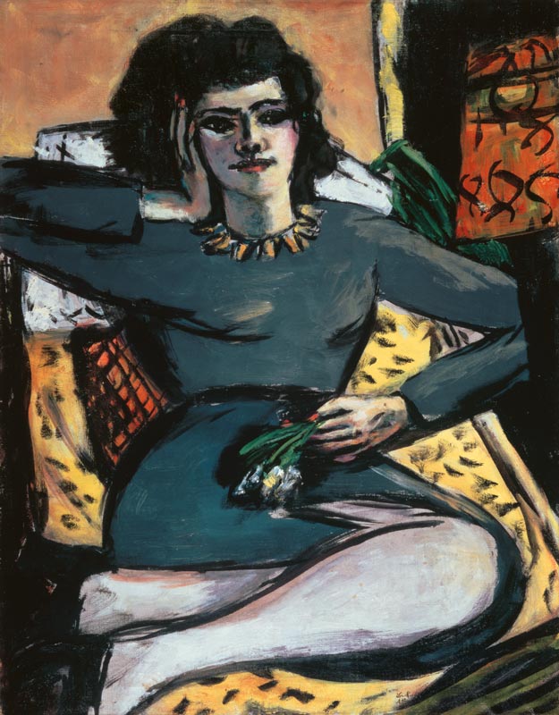 Resting woman with carnations, portrait of Quappi a Max Beckmann