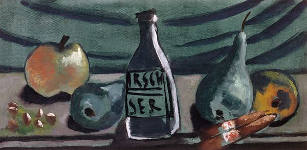 Stillleben mit Apfel und Birne (Stillleben mit Kirschwasserflasche). / Still life with apple and pea a Max Beckmann
