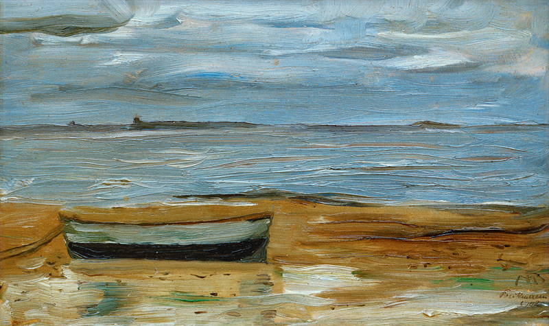 Strand mit grauem Kahn und grauem Meer a Max Beckmann