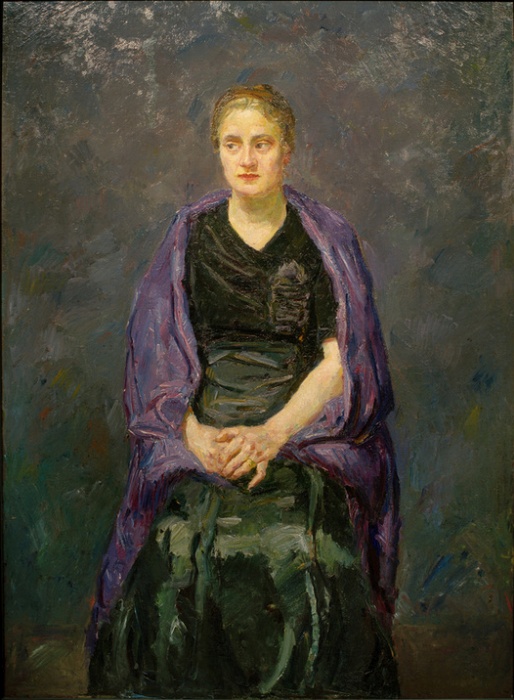 Portrait of Minna Beckmann-Tube
with violet scarf a Max Beckmann