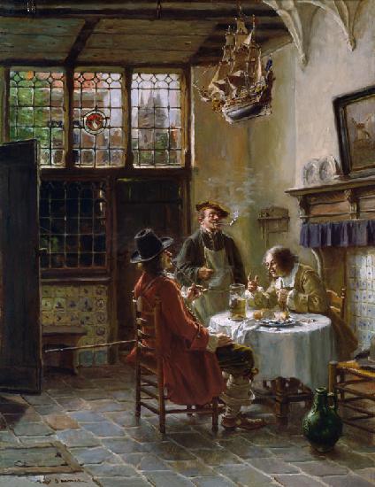 Lively conversation in old Dutch interior