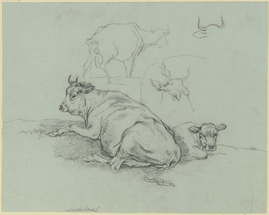 Liegende Kuh mit Kalb sowie weitere Rinder a Max Joseph Wagenbauer