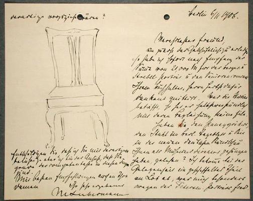 Artist's notes and sketch of a chair (ink on paper) a Max Liebermann