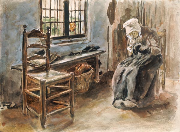 Old Dutchwoman at the window watercolor painting doing needlework a Max Liebermann