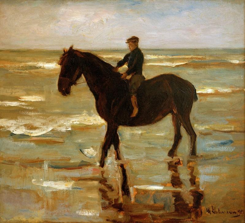 Reitender Junge am Strande – dickes Pferd a Max Liebermann