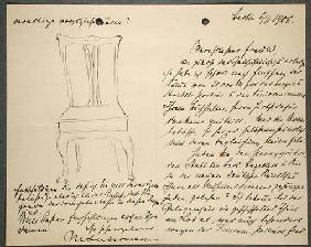 Artist's notes and sketch of a chair (ink on paper)