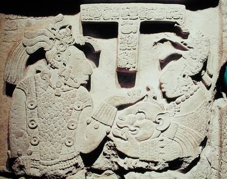 Stela depicting a woman presenting a jaguar mask to a priest, from Yaxchilan a Mayan