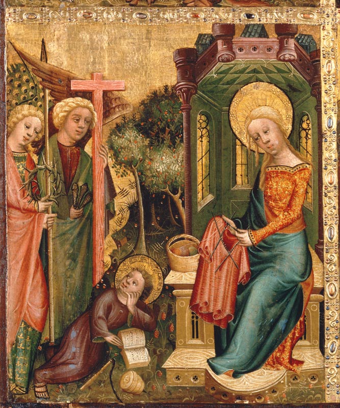 Buxtehuder Marienaltar visit of the angels with Maria who knits the skirt Christi a Meister Bertram