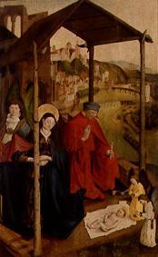 Maria and Joseph in admiration in front of the Jesuskind. a Meister der Landsberger Geburt Christi