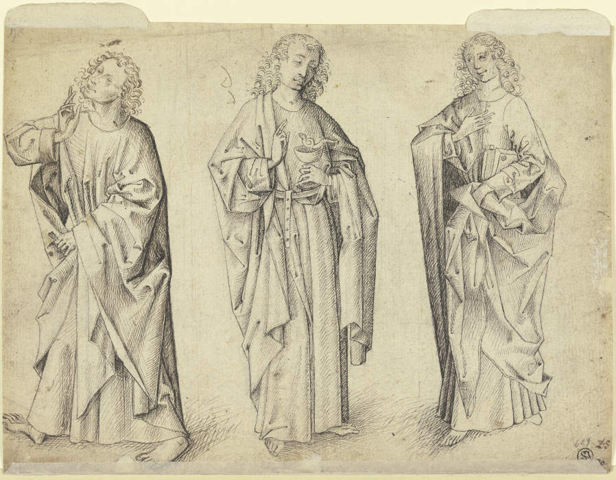 Drei Entwürfe zu einem stehenden Johannes dem Evangelisten a Meister E. S.
