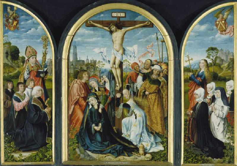Triptych out of a Frankfurt church: Crucifixion (middle) and founder a Meister von Frankfurt