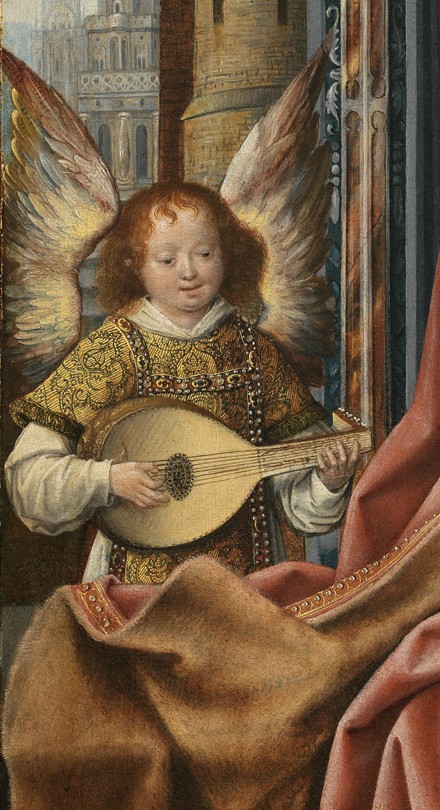 Triptych of the Holy Family with Music Making Angels. Detail: The Angel a Meister von Frankfurt