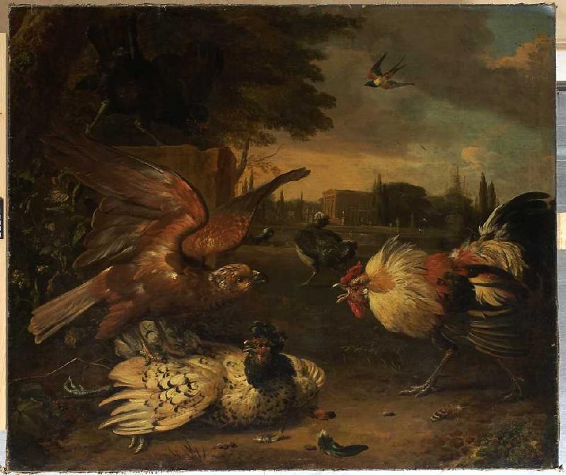 Ein Hahn verteidigt eine von einem Falken geschlagene Henne. a Melchior de Hondecoeter