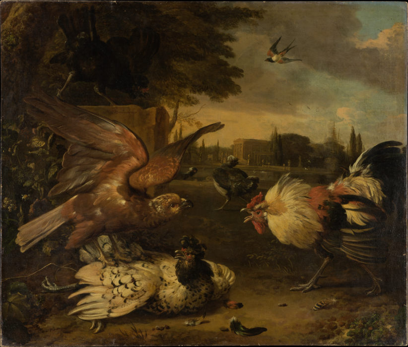 A Cock Defends a Hen from an Attacking Bird of Prey a Melchior de Hondecoeter