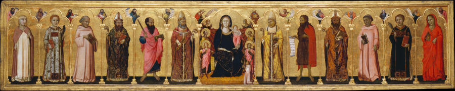 Madonna and Child Enthroned with Angels,Twelve Saints, Prophets,  and the Donor a Meo da Siena