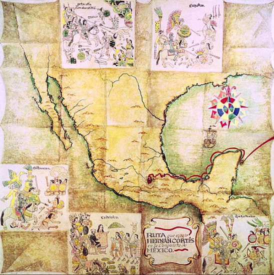 Map of the route followed Hernando Cortes (1485-1547) during the conquest of Mexico a Scuola Messicana