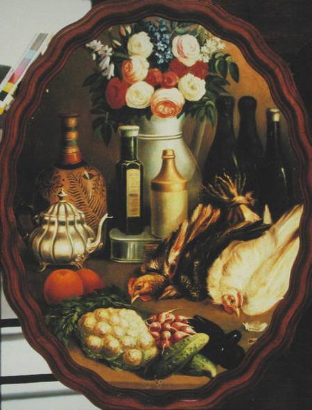 Oval Still Life with Hen, Vegetables and Vase a Scuola Messicana