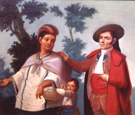 A Spaniard and his Mexican Indian Wife, illustration of mixed race marriages in Mexico a Scuola Messicana