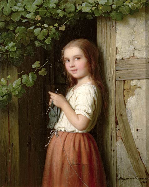 Young Girl Standing in a Doorway Knitting a Meyer von Bremen