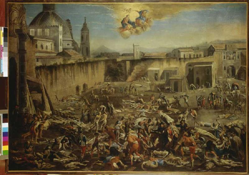 The plague in Naples on the Piazza Mercatello. a Micco Dom.Gargiulo Spadaro