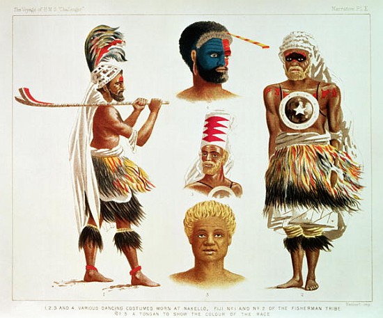 Various Dancing Costumes Worn at Nakello, Fiji, illustration from ''The Voyage of H.M.S. Challenger' a Michael Hanhart