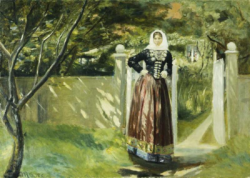 Woman in Danish dress at the garden gate a Michael Peter Ancher