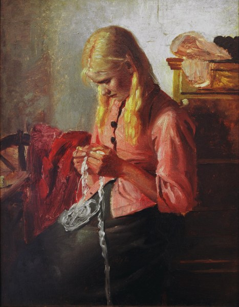 Young girl crocheting a Michael Peter Ancher