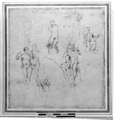 Figure studies for the Lunettes of the Sistene Chapel Ceiling, c.1511 (pen & black chalk on paper) a Michelangelo Buonarroti