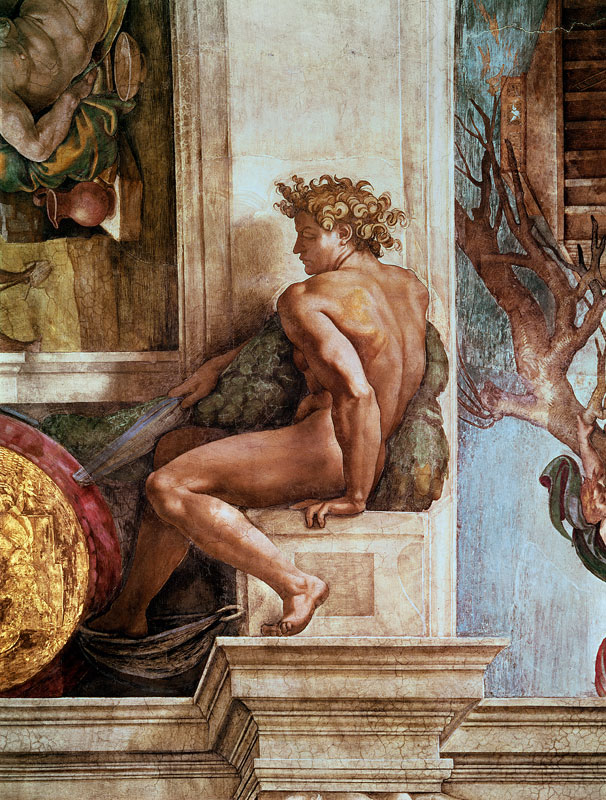 Ignudo from the Sistine Ceiling (pre restoration) a Michelangelo Buonarroti