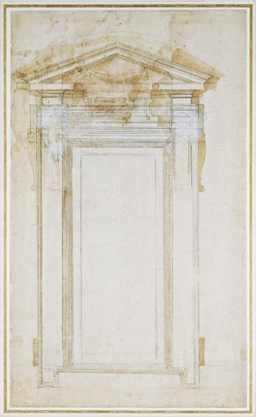 Study of a window with triangular gable, c.1546 (black chalk, wash, pen & ink on paper) a Michelangelo Buonarroti