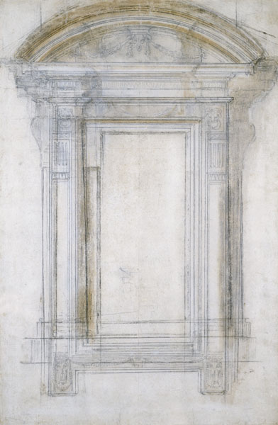 Study of a Window with a semi-circular gable, c.1546 (black chalk & wash on paper) a Michelangelo Buonarroti