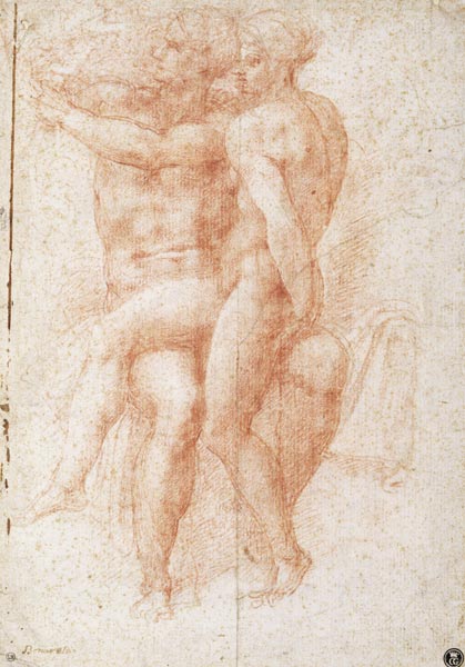 Nude female seated on the knees of a seated male nude: Adam and Eve a Michelangelo Buonarroti