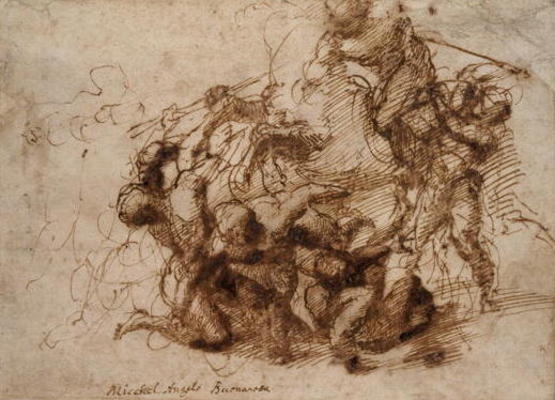 Fight study for the 'Cascina Battle', 1504 (pen & ink on paper) a Michelangelo Buonarroti