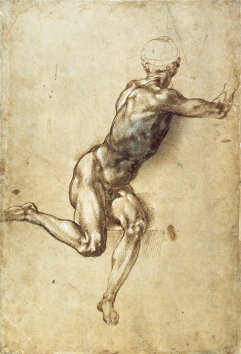 Figure Study for Battle of Cascina, 1504 (pen, brush, brown and grey a Michelangelo Buonarroti