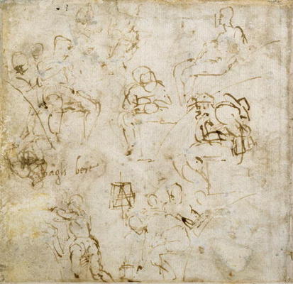 Figure study with writing, c.1511 (pen & ink on paper) a Michelangelo Buonarroti