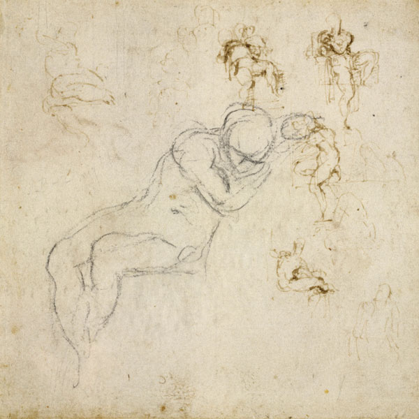Figure Study, c.1511 (black chalk, pen & ink on paper) a Michelangelo Buonarroti
