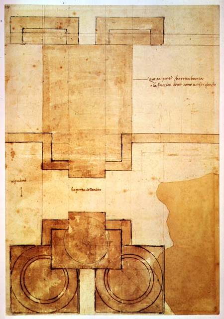 Plan of the drum of the cupola of the Church of St. Peter's Basilica (pen & ink on paper) a Michelangelo Buonarroti